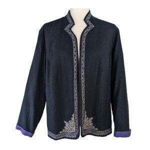 Coldwater Creek W18 Embroidered Blue Linen Rayon Open Front Lined Jacket